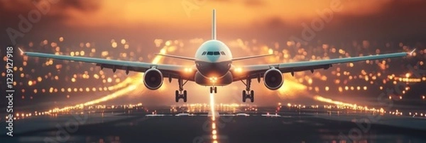 Fototapeta An airplane approaches a runway during sunset, with glowing lights guiding its landing amidst a vibrant sky