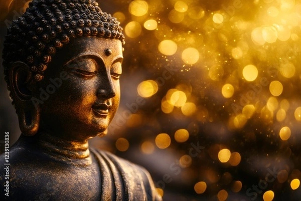 Fototapeta Buddha statue inspiring serenity with golden bokeh background