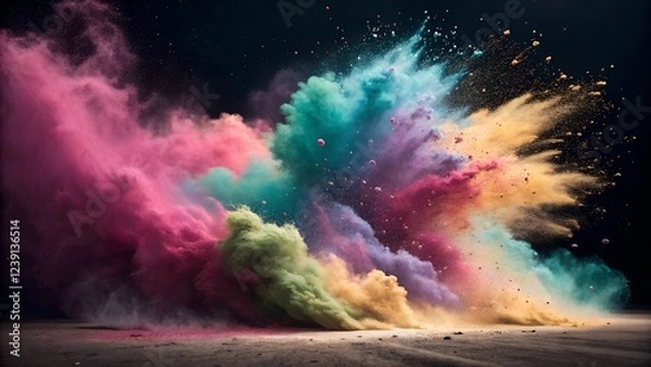 Fototapeta A high-resolution abstract explosion of vibrant colored powder, creating a dynamic burst of pink, purple, blue, green, and gold hues