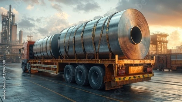 Obraz Truck transporting large steel coils at an industrial site during sunset. Generative AI