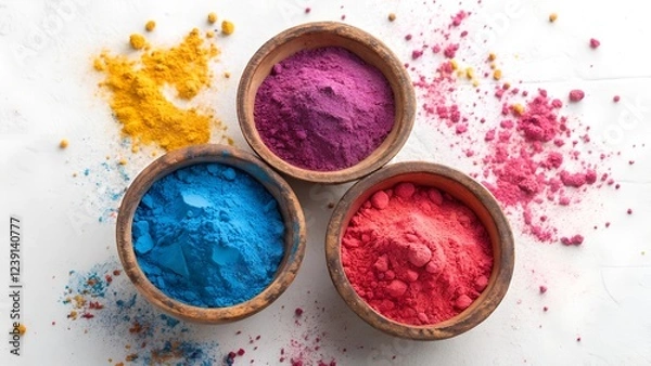 Fototapeta A top-down flat lay photograph of three round, rustic clay bowls filled with brightly colored Holi powder.
