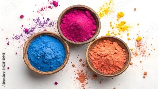 Fototapeta A top-down flat lay photograph of three round, rustic clay bowls filled with brightly colored Holi powder.