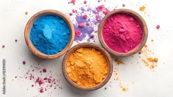 Fototapeta A top-down flat lay photograph of three round, rustic clay bowls filled with brightly colored Holi powder.
