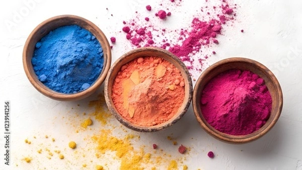 Fototapeta A top-down flat lay photograph of three round, rustic clay bowls filled with brightly colored Holi powder.