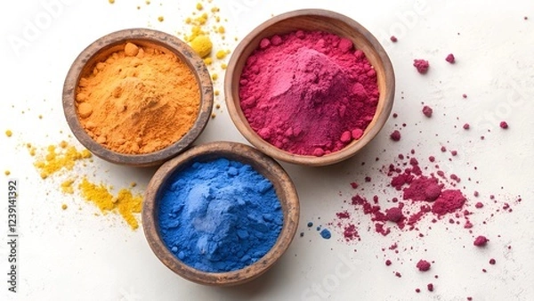 Fototapeta A top-down flat lay photograph of three round, rustic clay bowls filled with brightly colored Holi powder.