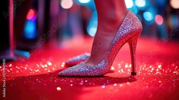 Fototapeta Sparkling high heels on red carpet under glamorous lights at night