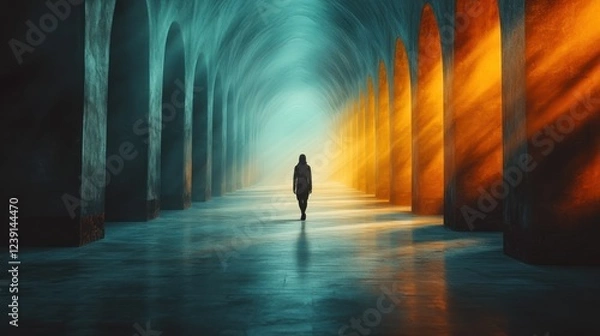 Fototapeta Dramatic corridor with contrasting light and shadows featuring a solitary figure walking at dusk. Generative AI