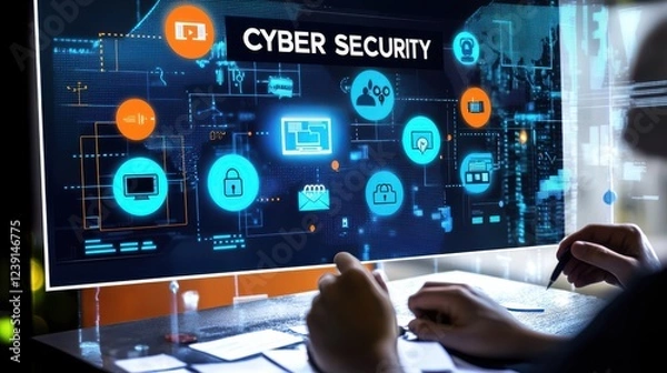 Fototapeta A person analyzing data on a screen displaying cyber security icons and graphics.