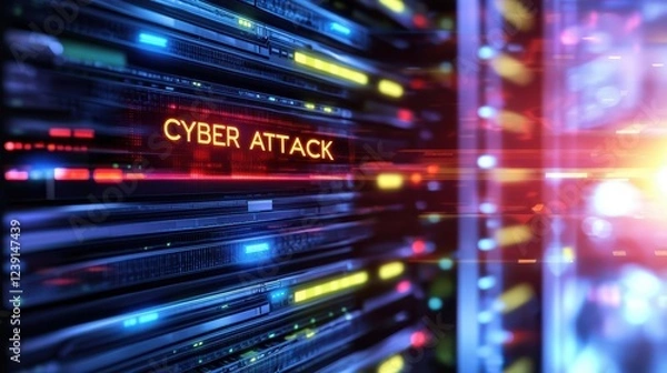 Obraz Digital representation of a cyber attack with vibrant colors and data streams in a technology environment.