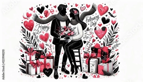 Obraz Couple in love hugging each other congratulations on Valentine's Day, Valentine's Day. illustration. created with generative AI software.