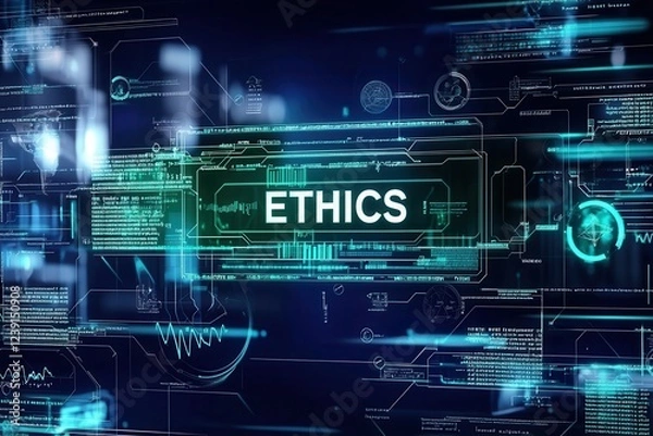 Fototapeta Digital background featuring "ETHICS" prominently displayed among futuristic graphics and data elements.