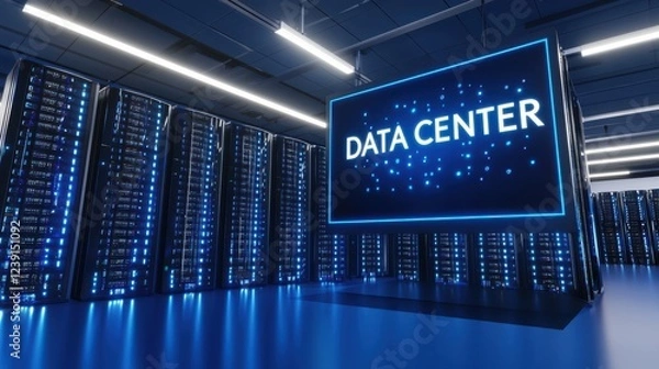 Fototapeta High-tech data center with illuminated servers and a digital display showcasing "DATA CENTER.