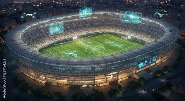 Fototapeta Stadium at Dusk: A modern, illuminated stadium, ready for an exciting event, stands under the night sky, creating a captivating scene. 