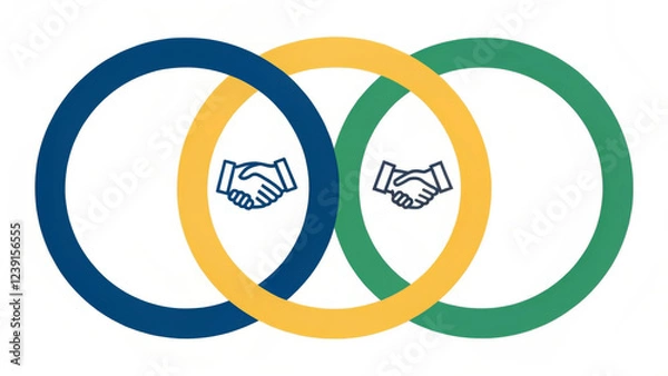 Fototapeta Three interlocking circles in blue, yellow, and green are depicted, each containing a handshaking icon. The arrangement symbolizes collaboration and partnership across different domains or sectors.AI