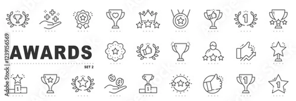 Fototapeta Set of award related line icons. Medal, reward, prize, trophy etc. Editable stroke. Set 2