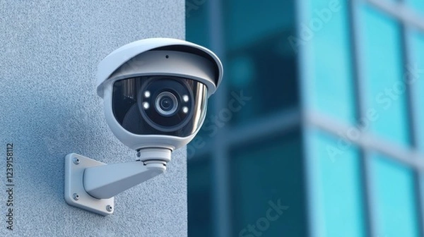 Fototapeta A sleek surveillance camera mounted on a wall, overlooking a modern building with large glass windows.