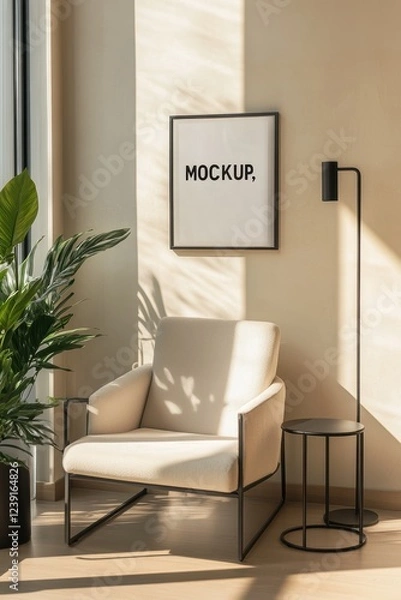 Fototapeta Cozy reading nook featuring a minimalist chair, stylish floor lamp, green plants, and a mockup poster on the wall. Perfect for home decor inspiration.
