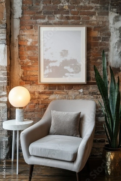 Fototapeta Cozy reading nook featuring a modern gray armchair, decorative pillow, side table with lamp, leafy plant, and minimalist wall art in a rustic brick interior.