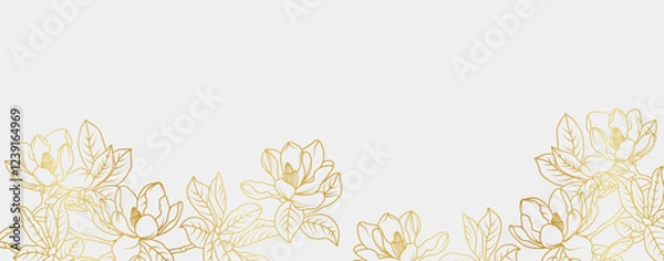 Obraz Luxury gold magnolia flowers background. Floral pattern tropical in line art style for greeting, invitation, wedding card, wall art, wallpaper and print. Vector illustration