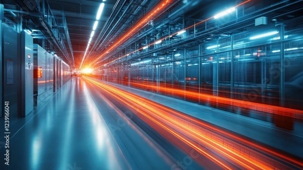 Fototapeta Futuristic corridor with glowing light trails, showcasing advanced technology in a modern setting