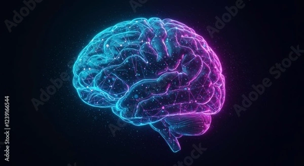 Obraz Brain's Neon Glow: A stylized, digital rendering of the human brain glows with vibrant neon light, showcasing its intricate structure and sparking curiosity about the mind.