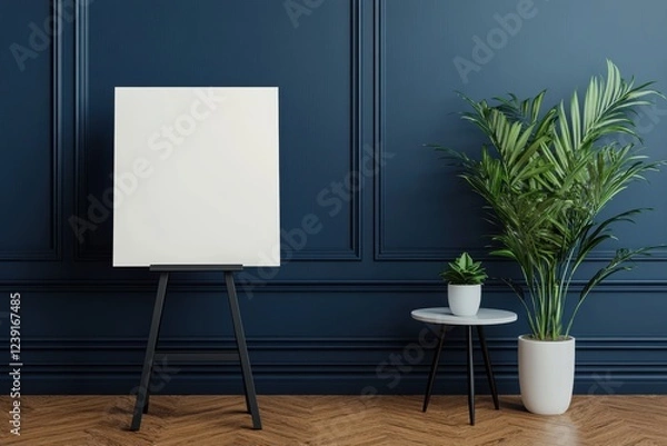 Fototapeta Empty canvas on an easel beside a modern side table with potted plants against a deep blue wall in a minimalist interior space. Perfect for art showcases.