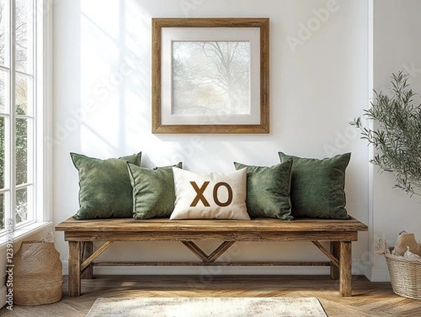 Obraz Cozy Rustic Living Room with Green Cushions and Christmas Decor