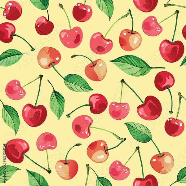 Fototapeta Fresh watercolor cherries with green leaves on yellow background seamless vector pattern