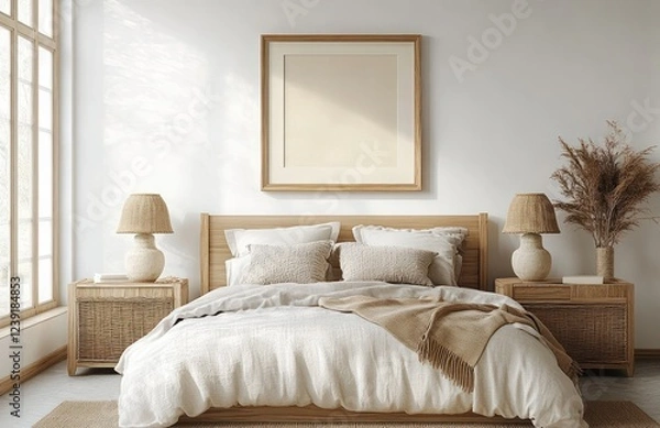 Fototapeta Serene Minimalist Scandinavian Bedroom Interior with Cozy Wooden Bed and Soft Natural Lighting