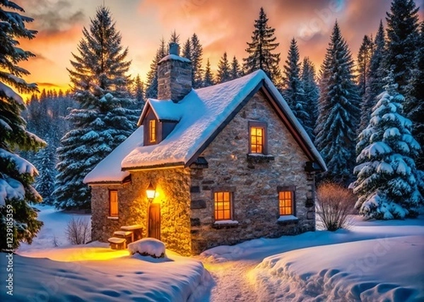 Obraz **** Rustic Stone House Amidst the Snowy Winter Landscape..**
