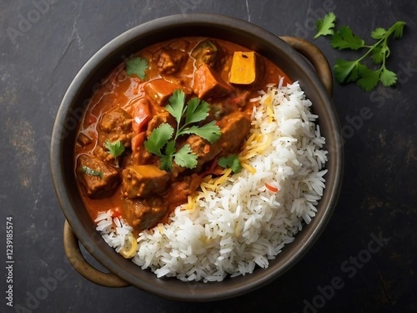 Obraz Madras Curry Meatballs with Rice and Cilantro Lime Garnish in a Bowl