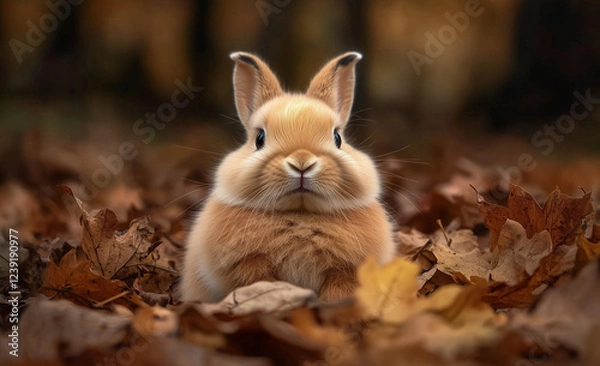 Fototapeta Cute brown bunny rabbit face sits in rustic leaves meadow Illustration Easter nature concept.