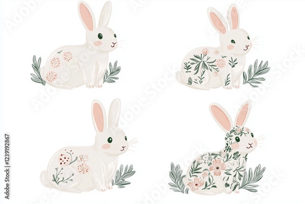 Fototapeta Frame exploring artistry of Lines arrays patterns in digital art set of cute vector bunnies with flowers artistry concept.