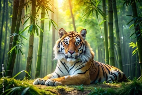 Fototapeta Serene Tiger Resting in Bamboo Forest Panoramic