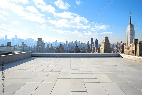 Fototapeta Beautiful, empty rooftop with a view of the New York City skyline on a sunny day, with a white stone floor.