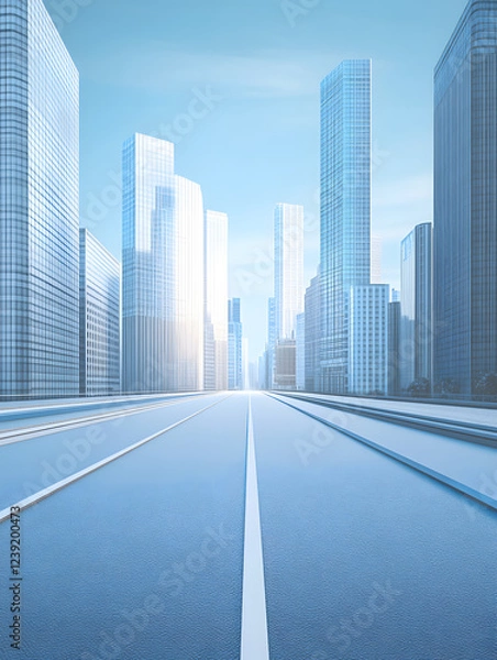 Fototapeta the road is clean without lines, there are buildings on both sides, urban background, blue sky