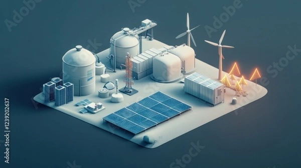 Fototapeta A 3D isometric mockup illustrating hydrogen storage tanks, solar panels, wind turbines, and a battery system, representing a renewable energy grid for smart cities and electric vehicles