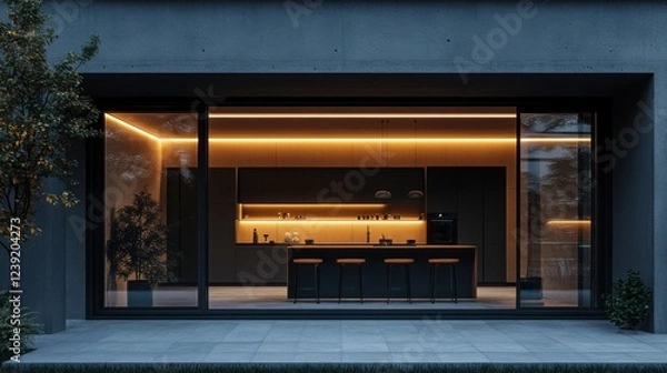 Obraz Modern minimalist kitchen design with ambient lighting in elegant urban home
