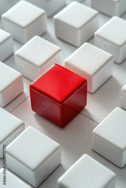 Obraz A red cube is placed among white cubes, conveying the power of nonconformity and innovation. Competition concept.