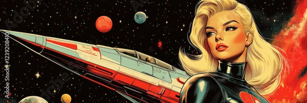 Fototapeta A heroic woman in a futuristic space suit stands proudly beside a spaceship, embodying strength and courage against a cosmic backdrop of stars and planets in this empowering pin-up banner