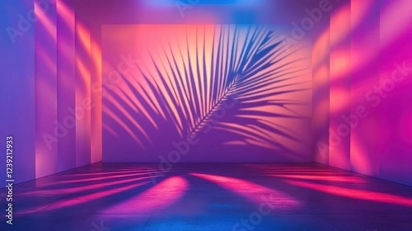 Obraz A neon-lit abstract backdrop featuring the shadow of a palm leaf, creating a moody and modern aesthetic