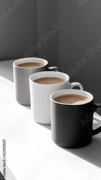 Fototapeta three steaming coffee mugs in black white and grey aligned on a bright surface with soft lighting copyspace concept of cafe beverage marketing