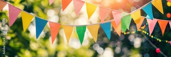 Fototapeta colorful triangular bunting fluttering in a lush outdoor setting with bright sunshine and playful bokeh effect copyspace concept of event party marketing