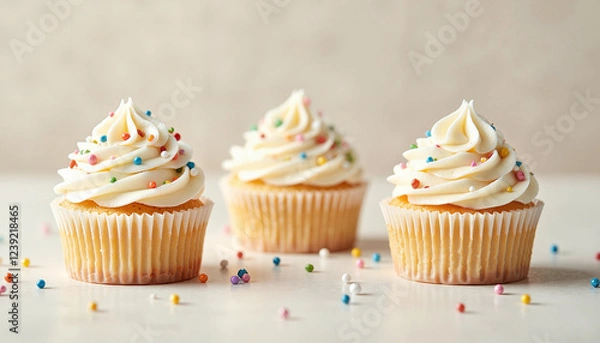 Fototapeta Vanilla cupcakes with colorful sprinkles on cream frosting
