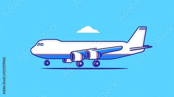 Fototapeta Minimalist Airplane Illustration on Blue Background with Cloud