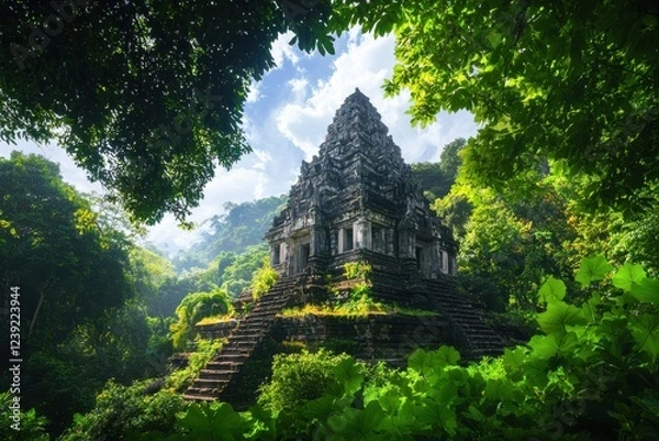 Fototapeta Exploring an enigmatic ancient temple dense jungle gigapixel photography lush vegetation elevated perspective enchantment