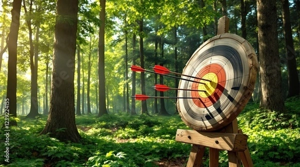 Fototapeta Archery practice takes place in a tranquil forest setting surrounded by trees. Generative AI