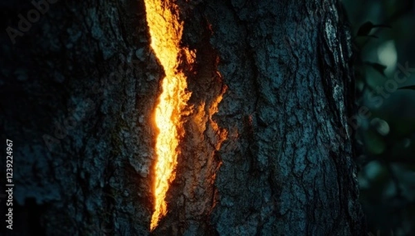 Fototapeta Glowing Crack in the Tree Bark: A Mystical Forest Scene