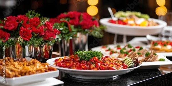 Fototapeta Traditional New Year banquet featuring hearty feasts and cultural dishes, elegantly arranged with festive props