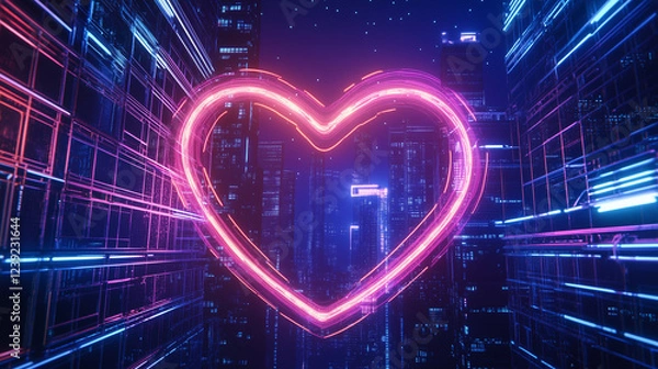 Fototapeta A vibrant, heart-shaped neon cityscape surrounded by futuristic architecture and digital glow, embodying a high-tech, romantic Valentineâs Day atmosphere. A perfect mix of love and